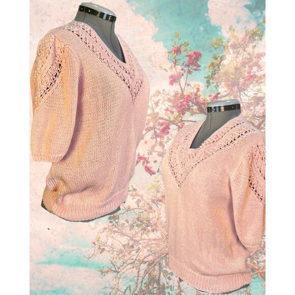 Vintage 80s Magnolia Petal Pink Pearl Cotton Ramie Short Sleeve Sweater LP - Picture 2 of 3